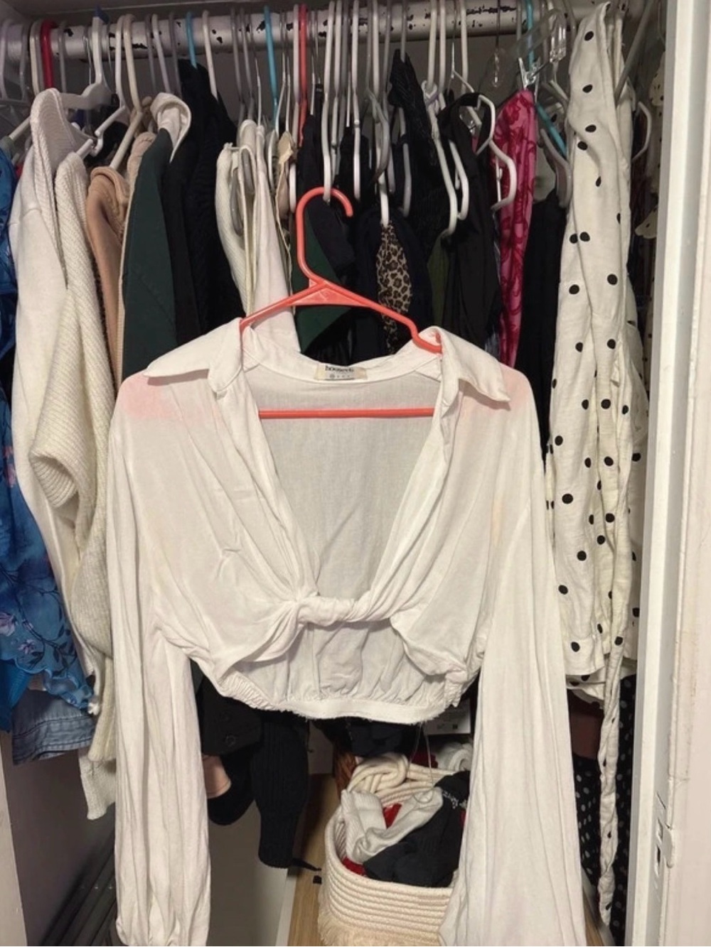 House of CB White Cropped Tie-Front Long Sleeve Top